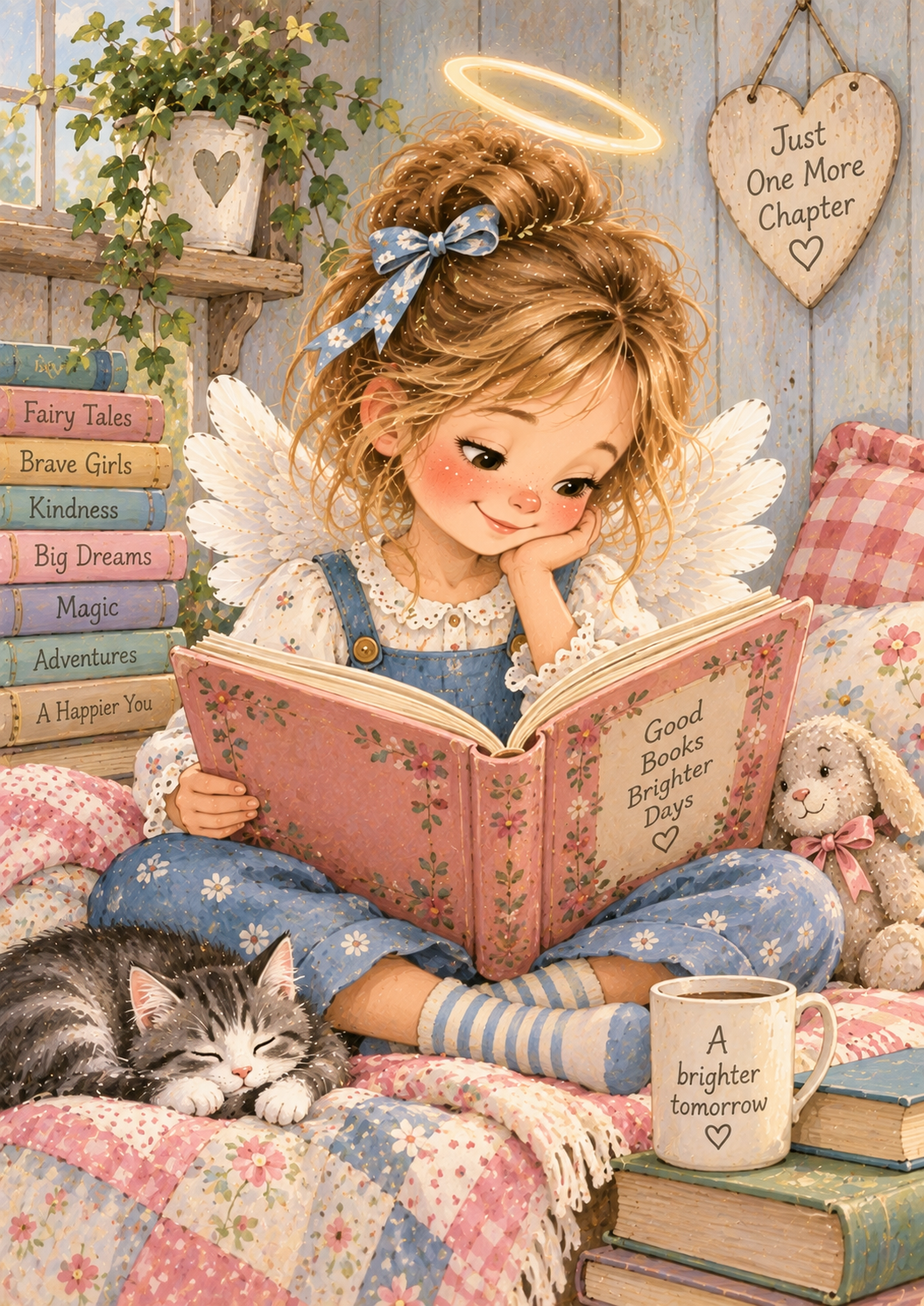 Just One More Chapter - Little Angel Reading Art Print