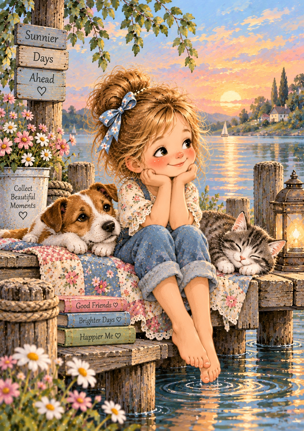 Sunnier Days Ahead - Girl & Pets Art Print