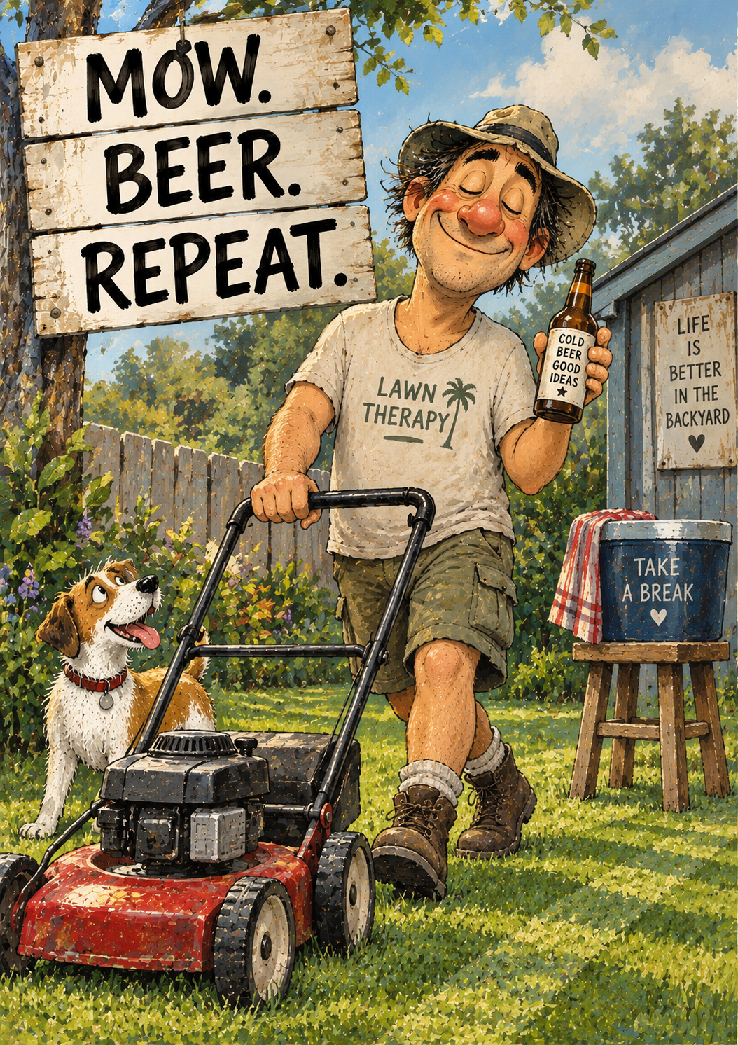 Mow. Beer. Repeat. - Funny Lawn Mowing Art Print