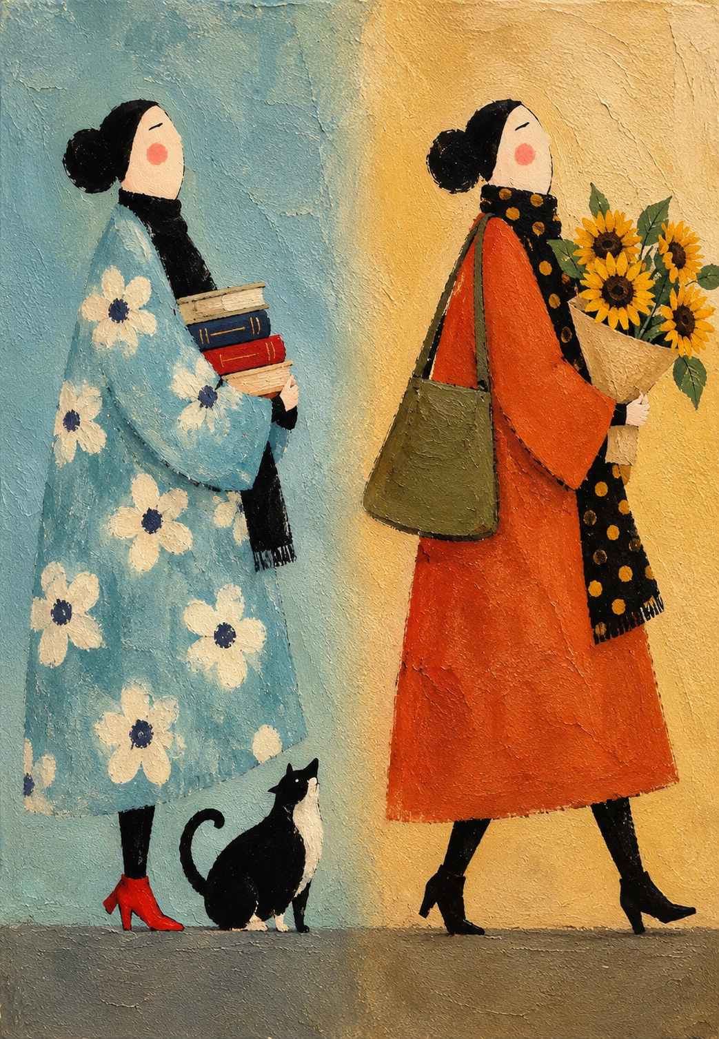 Books, Sunflowers & a Cat — Art Print