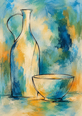 Abstract Teal Bottle and Bowl Still Life — Art Print