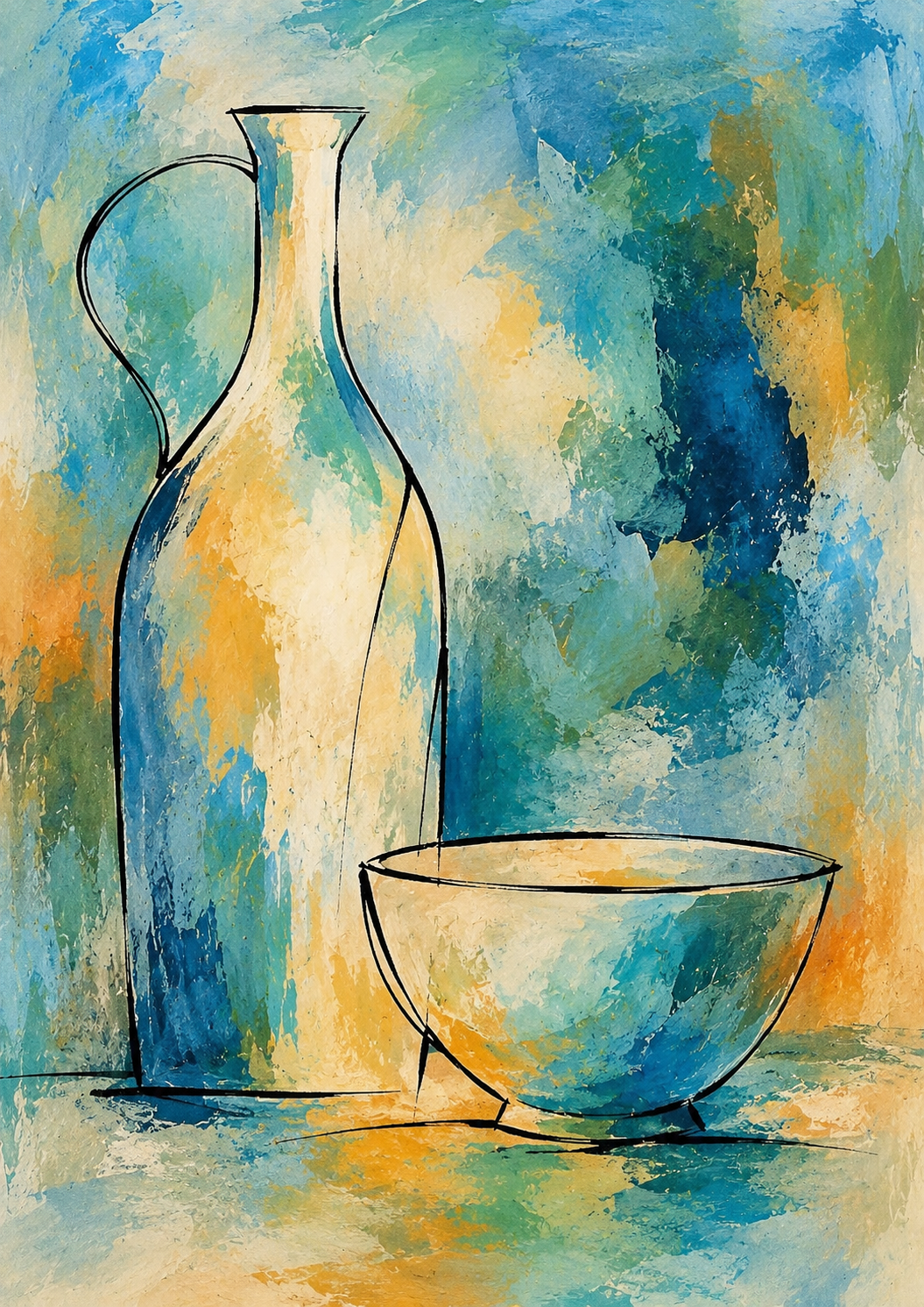 Abstract Teal Bottle and Bowl Still Life — Art Print
