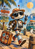 Beach Adventure Robot - Fun Travel Art Print