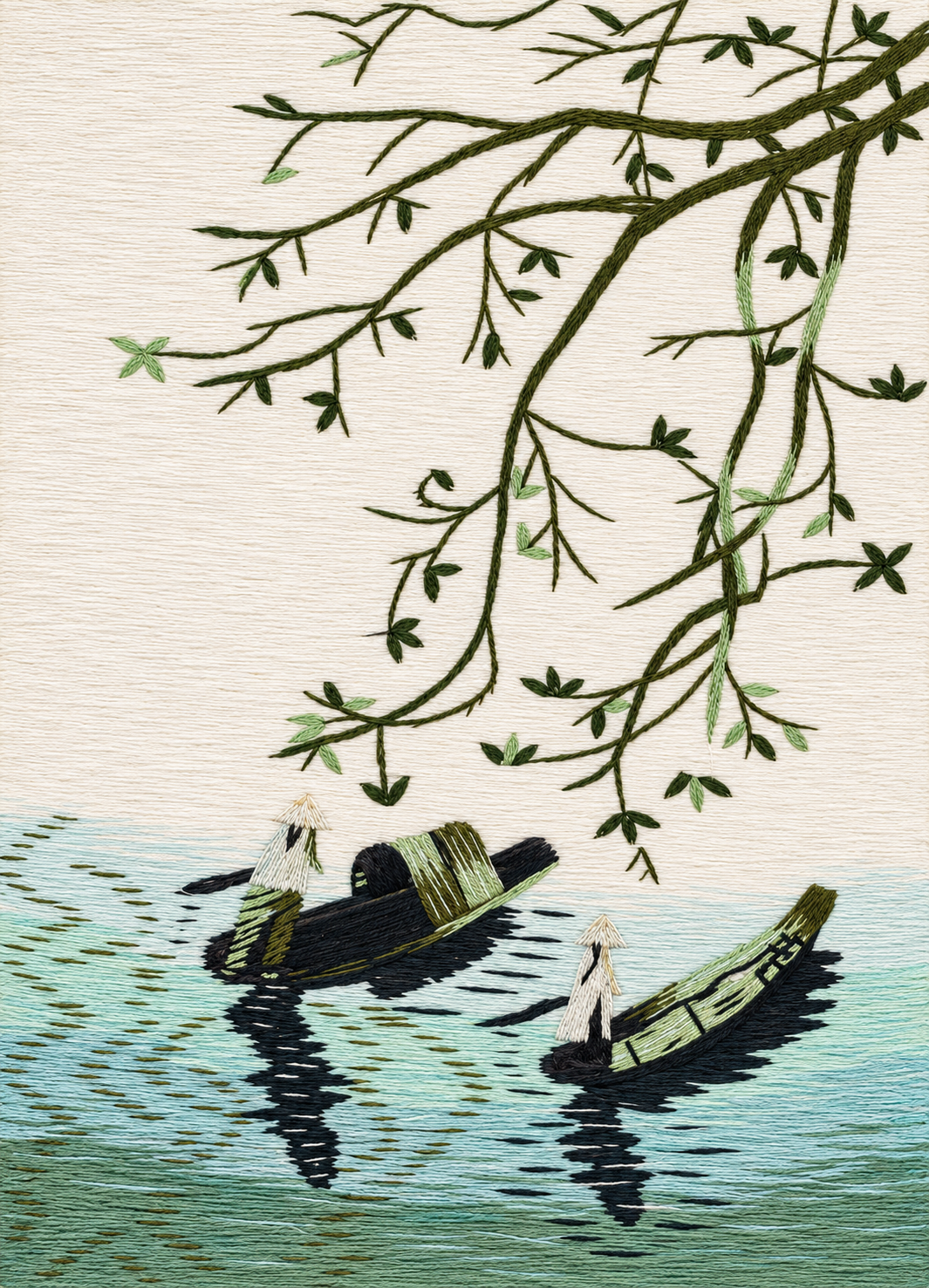 Embroidered Willow — Boats on Quiet Water — Art Print