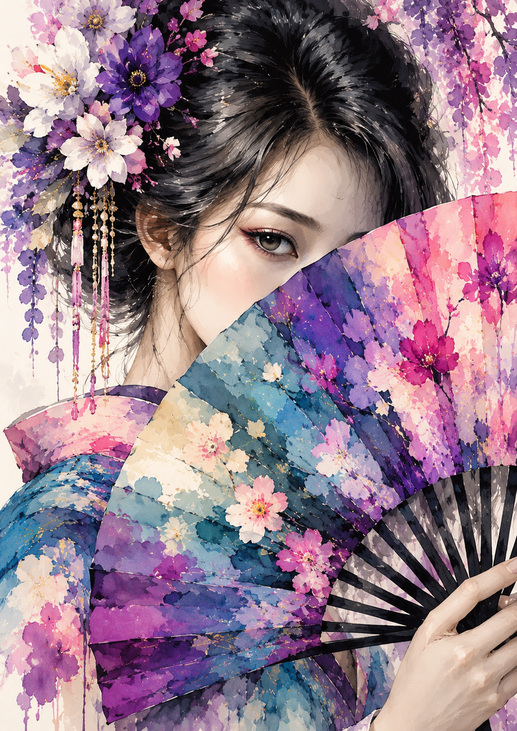 Enigmatic Woman Behind a Floral Fan — Art Print