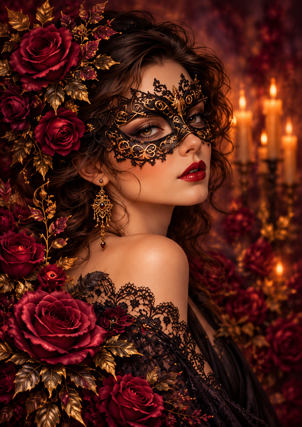 Gilded Burgundy Masquerade Portrait — Art Print