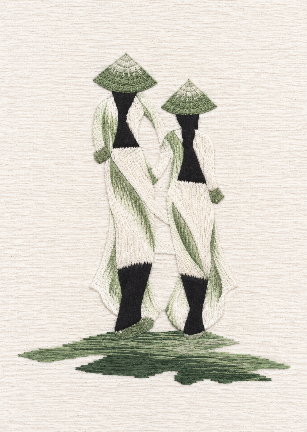 Embroidered Sisters — Two Figures in Conical Hats — Art Print
