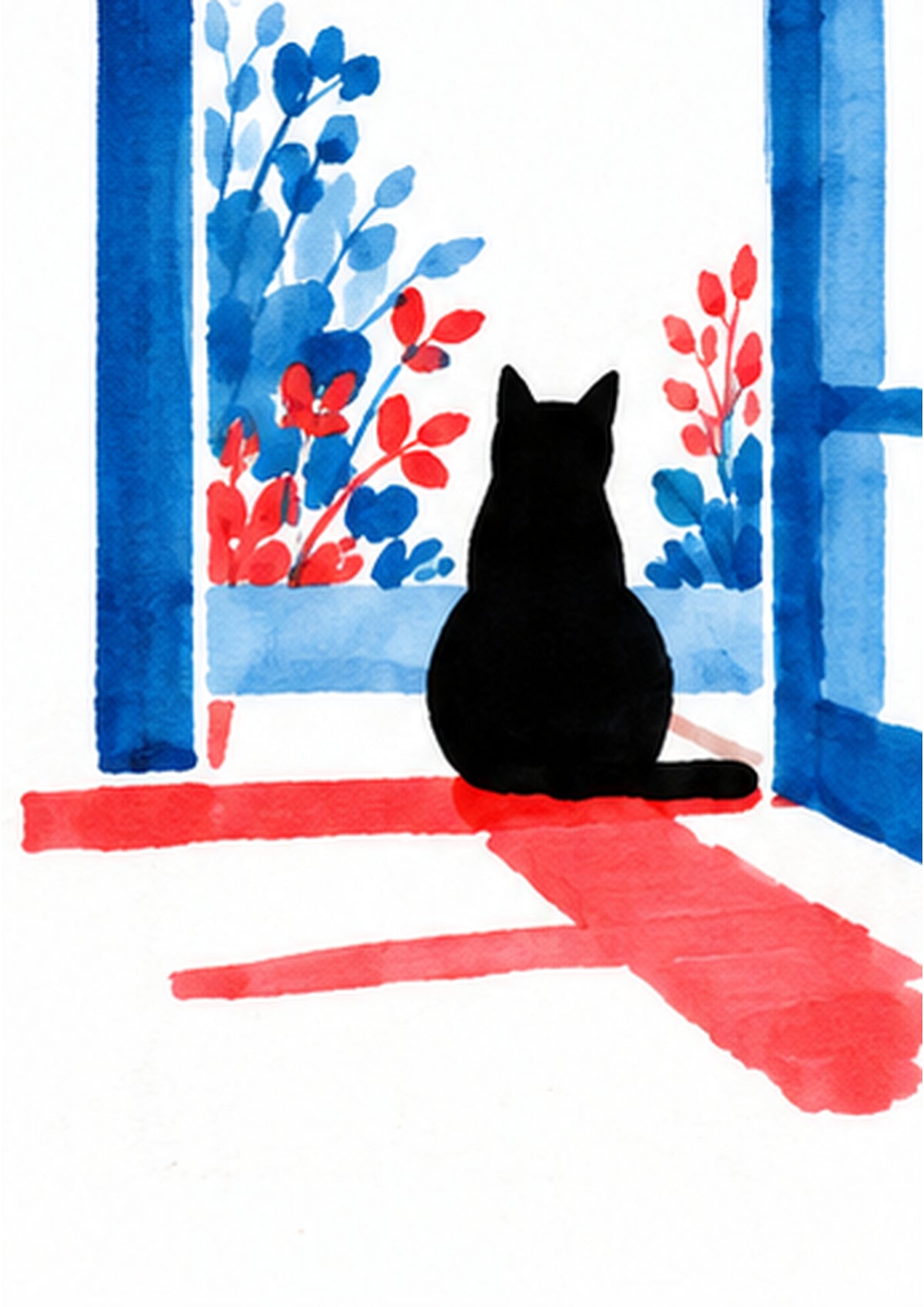 Watercolor-style art print showing a black cat sitting in front of an open blue window, with red and blue floral shapes and red brushstroke shadows on a white background.