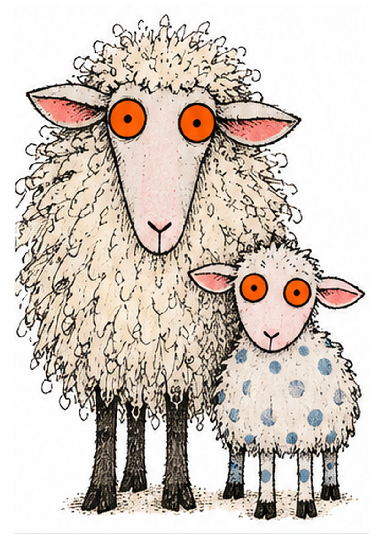 A whimsical illustration of two sheep on a plain white background. The larger sheep has curly cream wool, pink inner ears, and large orange eyes.