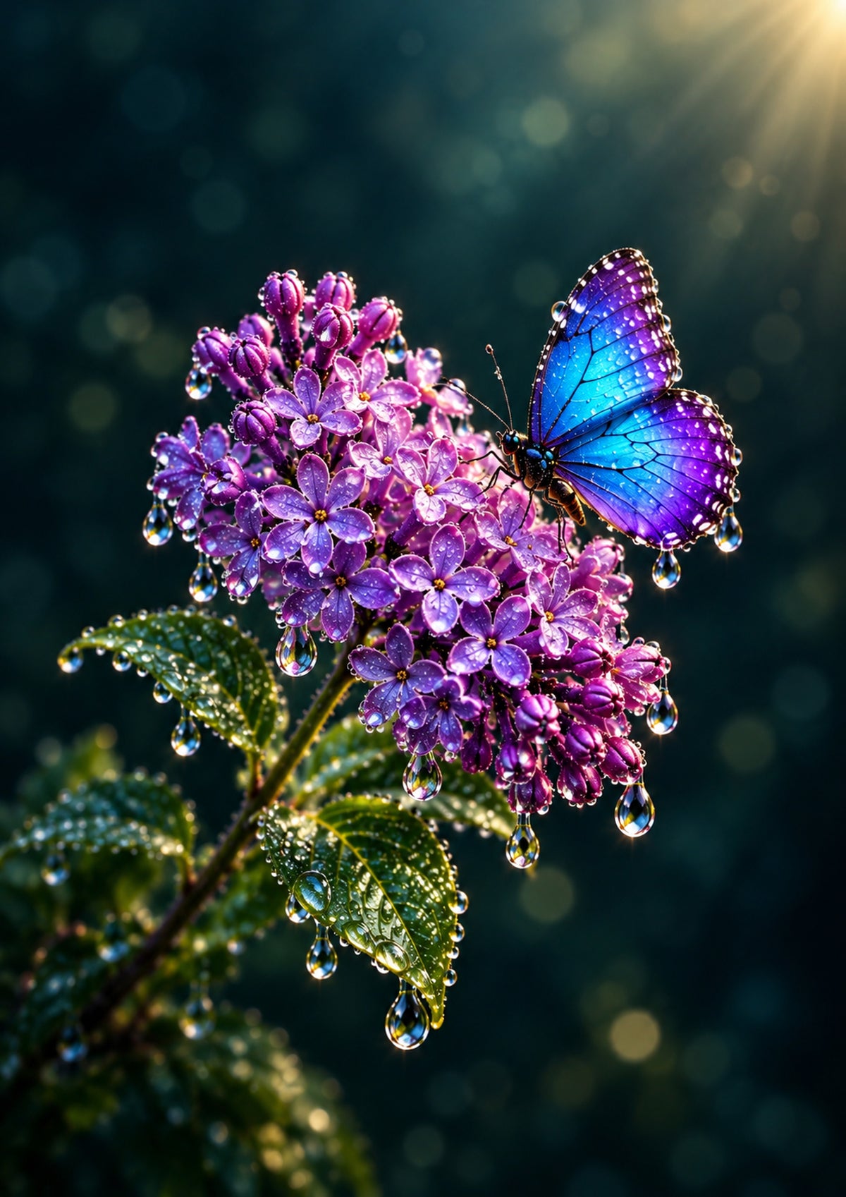 Morpho Butterfly on Dewy Lilac — Art Print