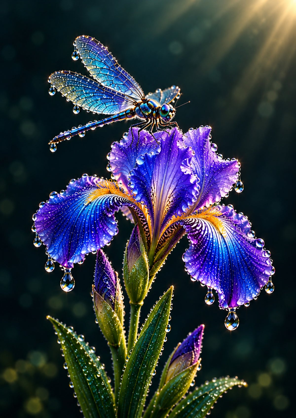 Dragonfly on a Dewy Iris — Art Print