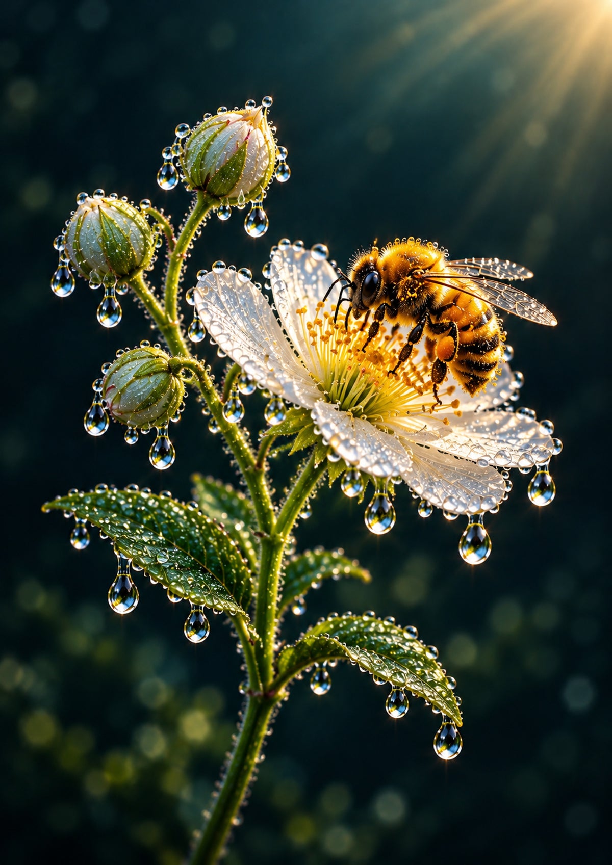 Honeybee on a Dewy Wildflower — Art Print