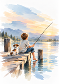 A Boy, a Dog, and a Quiet Lake — Art Print