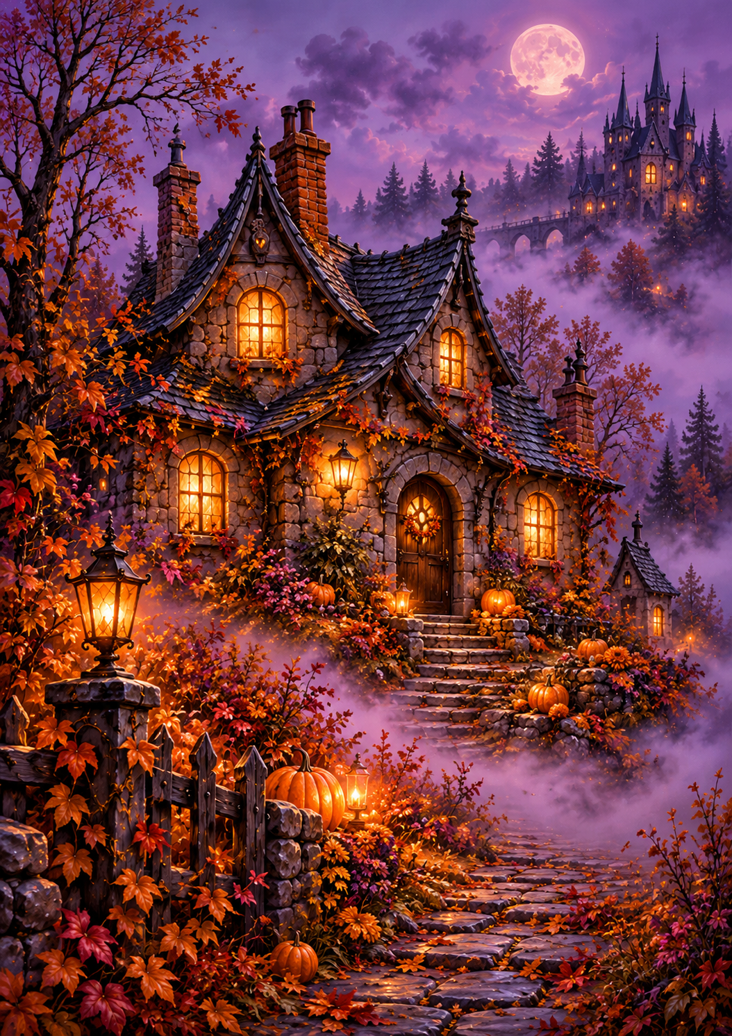 The Witch's Cottage — Moonlit Halloween Night — Art Print
