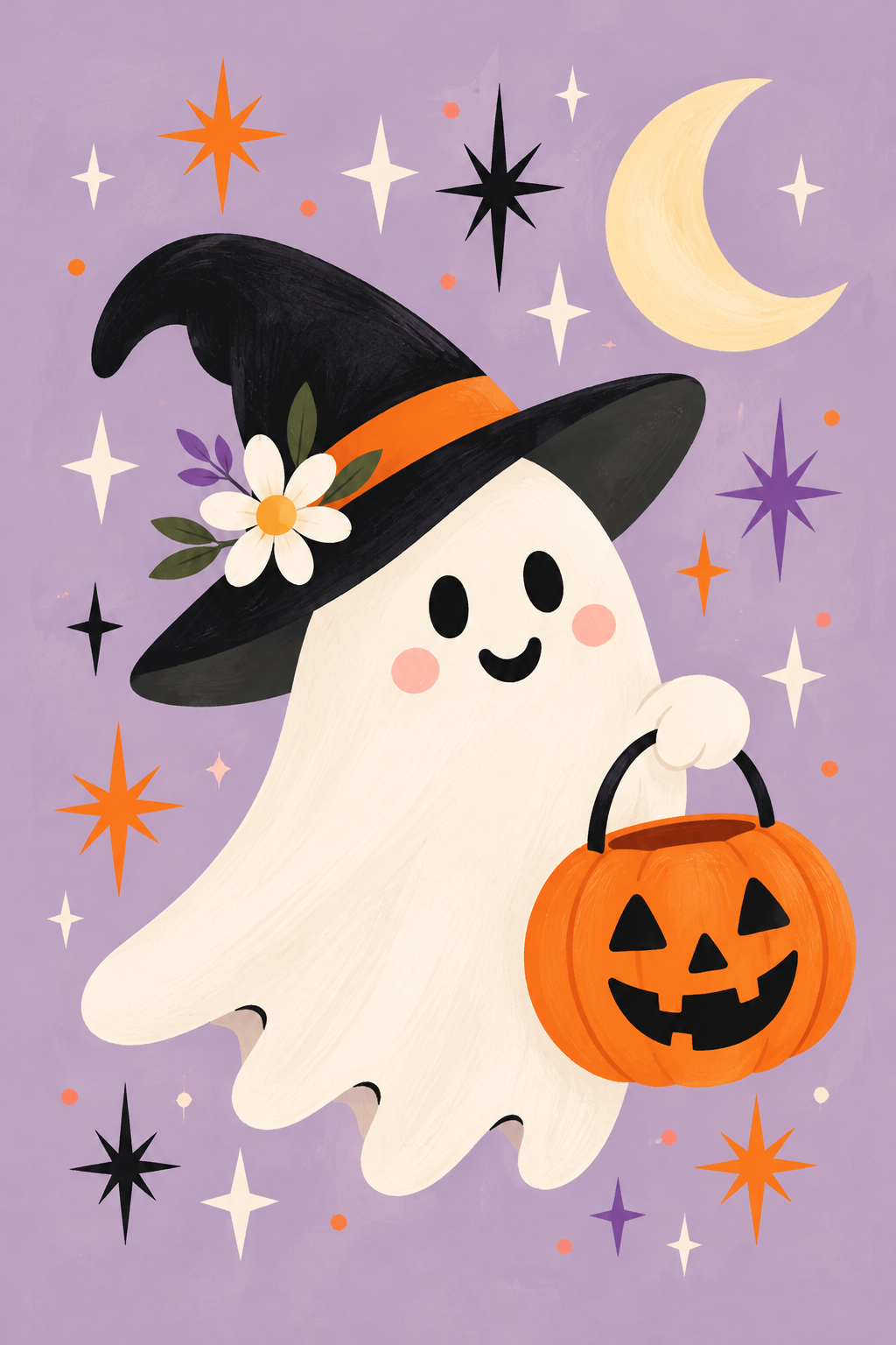 Pastel Halloween Ghost with Pumpkin Bucket — Art Print