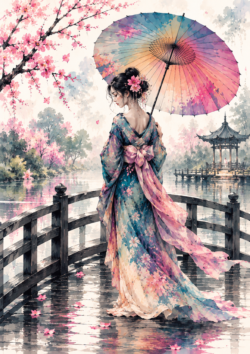 Rainy Sakura Bridge Reverie — Art Print