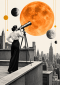 Rooftop Stargazer Beneath an Orange Moon — Art Print