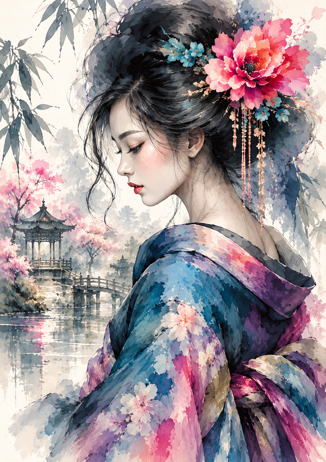 Serene Peony Portrait by the Misty Pond — Art Print