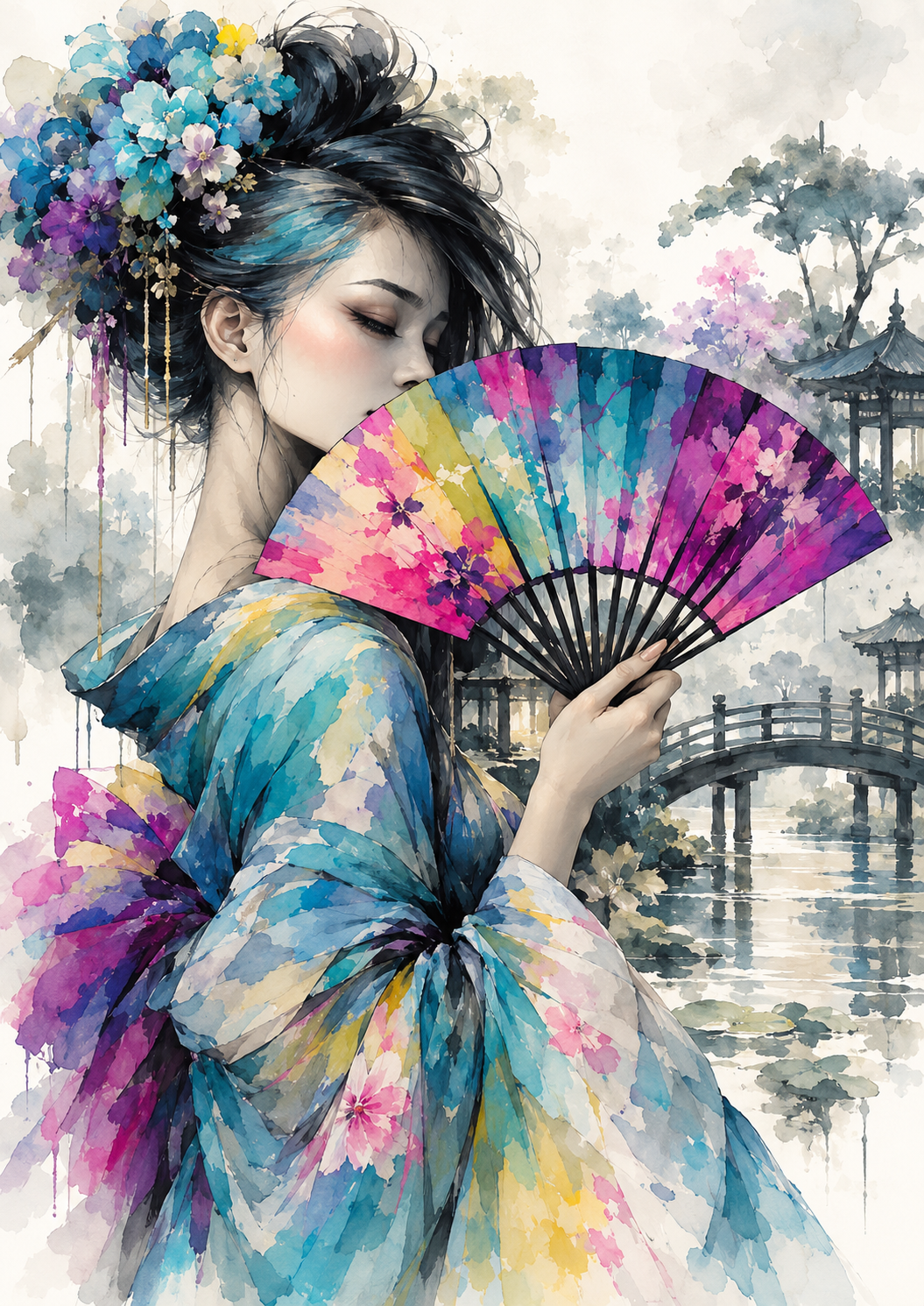Hydrangea Dreams — Fan Portrait in the Mist — Art Print