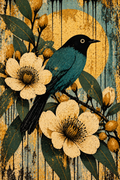 Bird Among Golden Blooms — Art Print