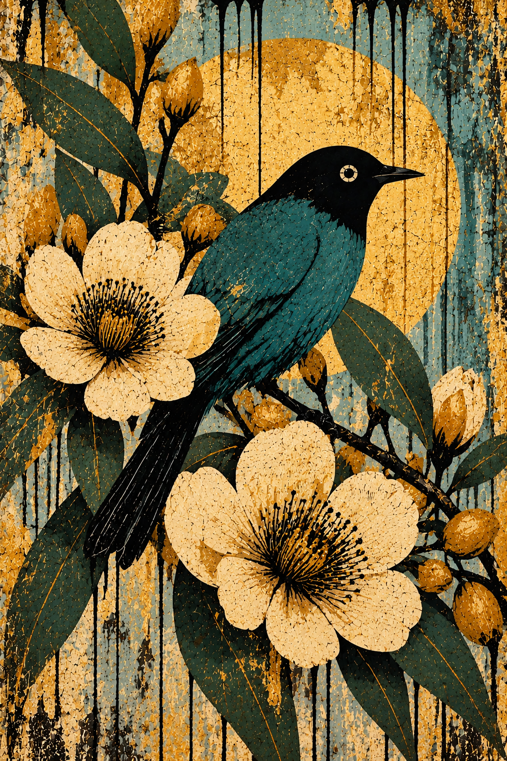 Bird Among Golden Blooms — Art Print