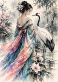 Whispers of the Misty Crane Garden — Art Print