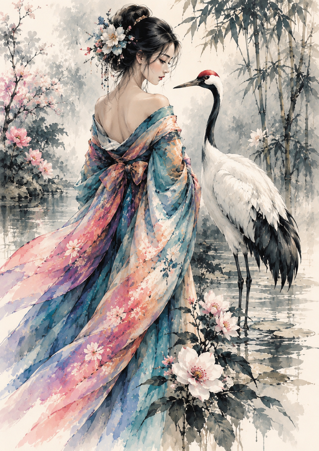 Whispers of the Misty Crane Garden — Art Print