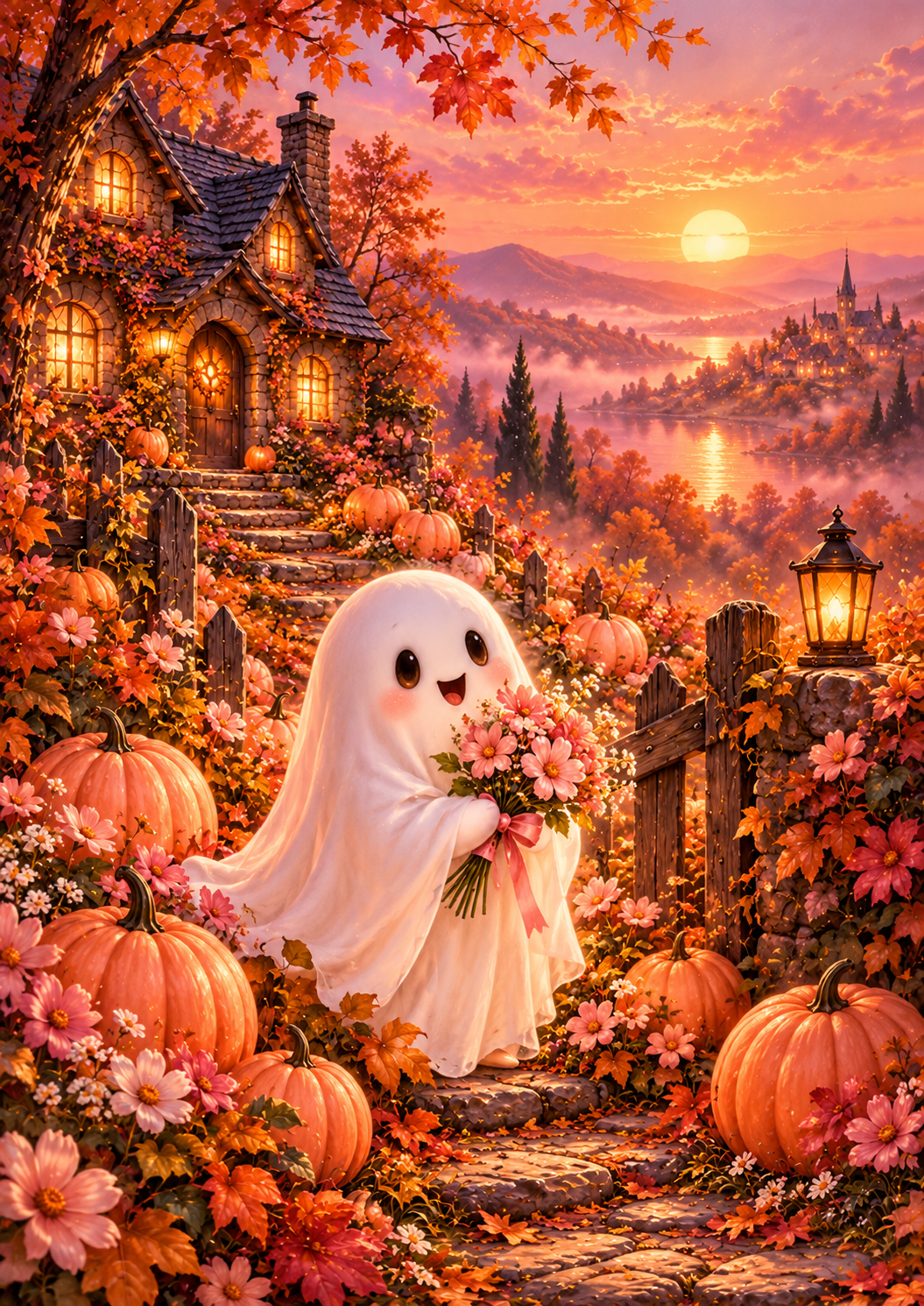 Friendly Ghost — Autumn Cottage Garden at Sunset — Art Print