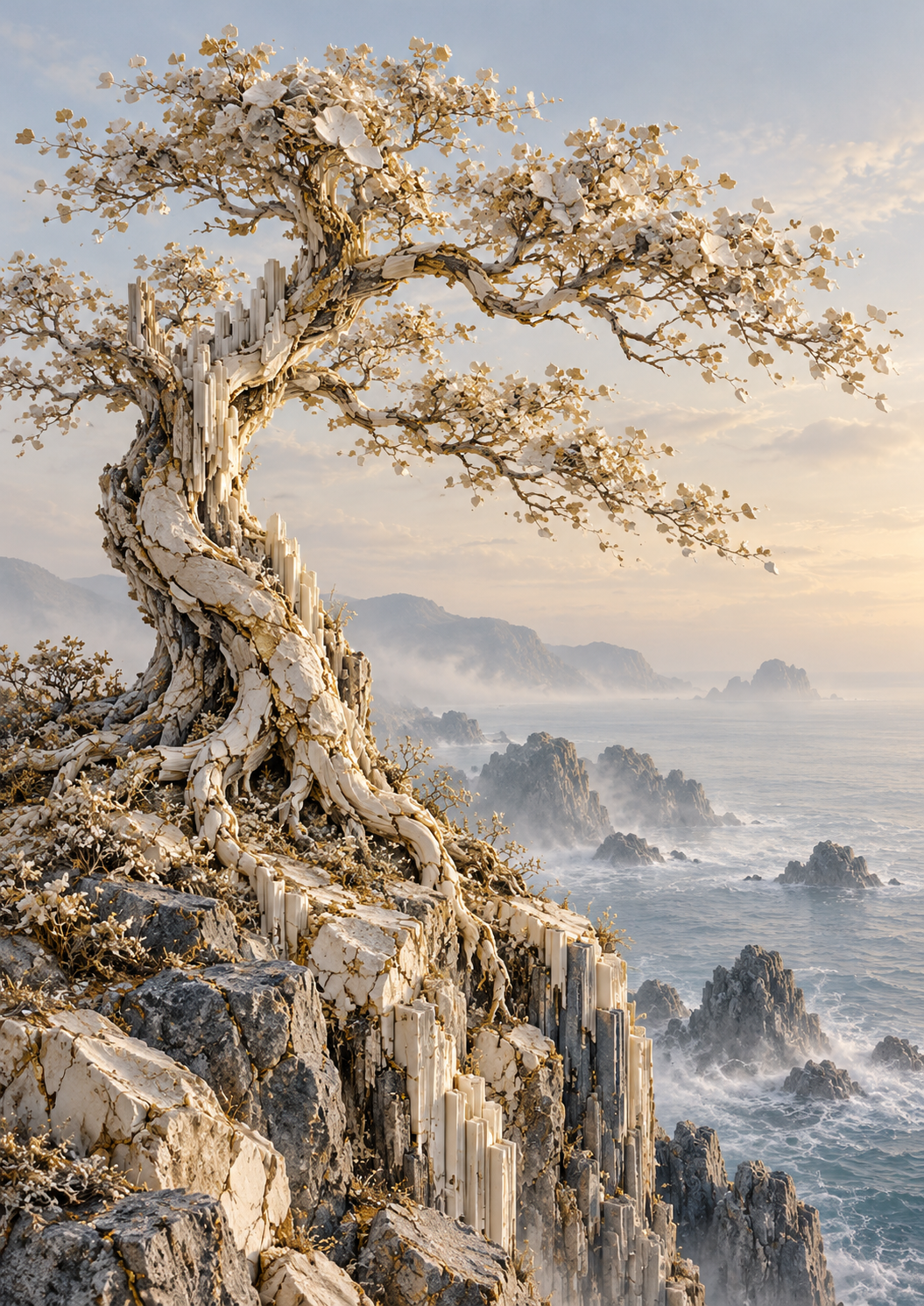 Windswept Ivory Tree Above a Misty Sea — Art Print